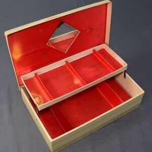 Vintage Jewelry Box Storage Organizer 2-Tier Off White Leather Red Satin Damaged
